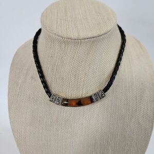 Vintage Braided Leather Ornate Silver Tone Magnetic Clasp Lucite Necklace Choker